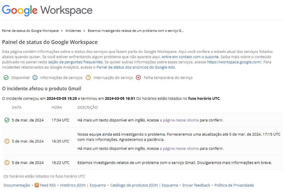 Página sobre incidentes de serviços do Google — Foto: Reprodução/Google