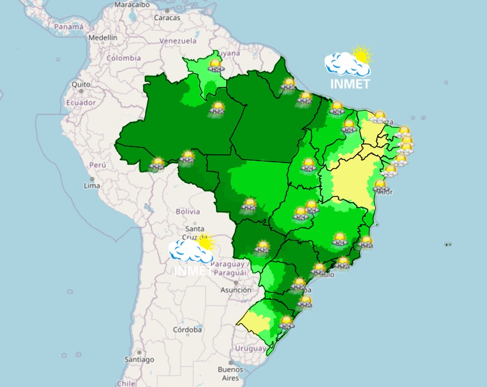 Mapa mostra previsão de chuva para esta quinta (12) em todo o Brasil. — Foto: Inmet/Reprodução