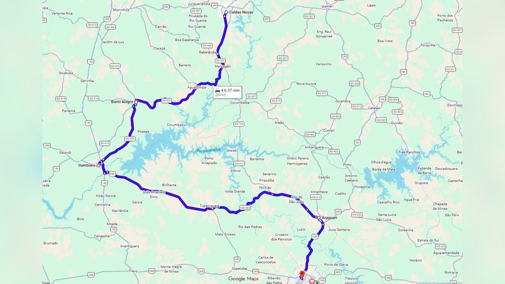 Trajeto Uberl&acirc;ndia a Caldas Novas via Itumbiara &mdash; Foto: Google Maps/Reprodu&ccedil;&atilde;o