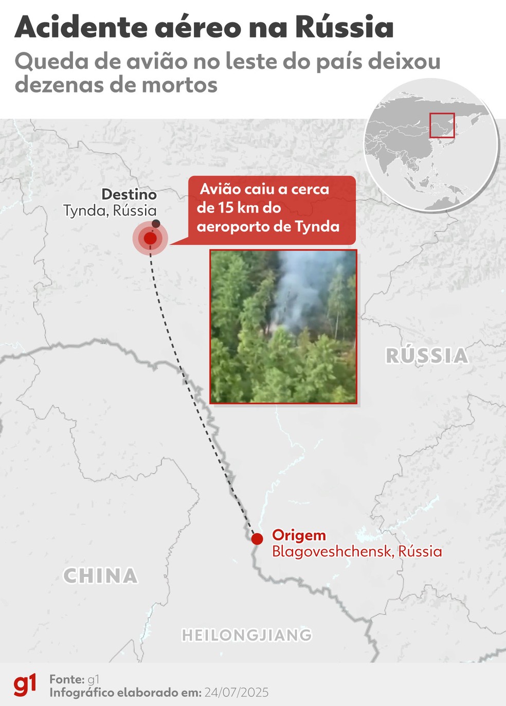 Avião caiu no leste da Rússia nesta quinta-feira (24); há mortos — Foto: Arte/g1