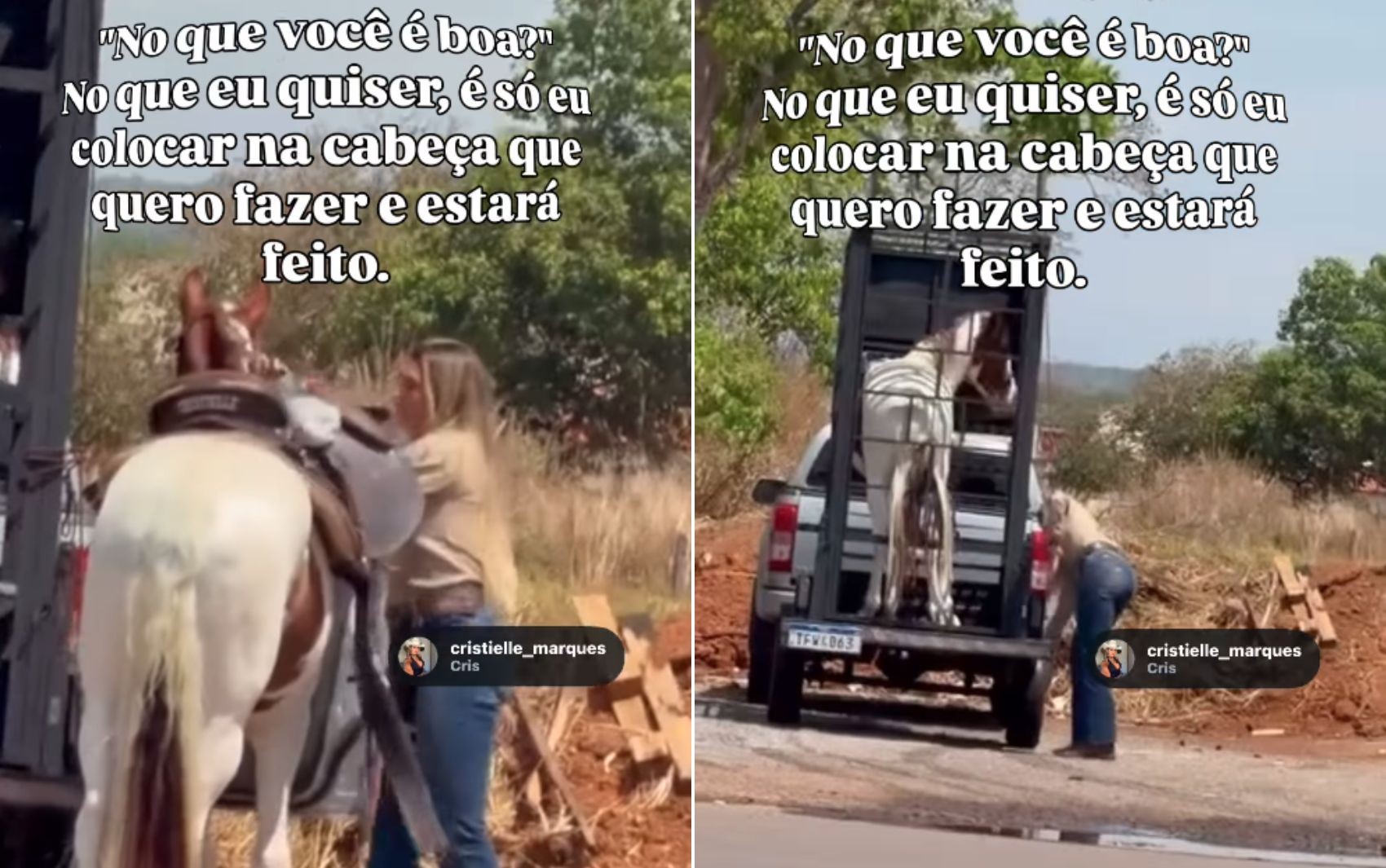 Mulher viraliza com vídeo em que desce cavalo de reboque, arreia e sela animal sozinha: 'O diferencial da goiana'