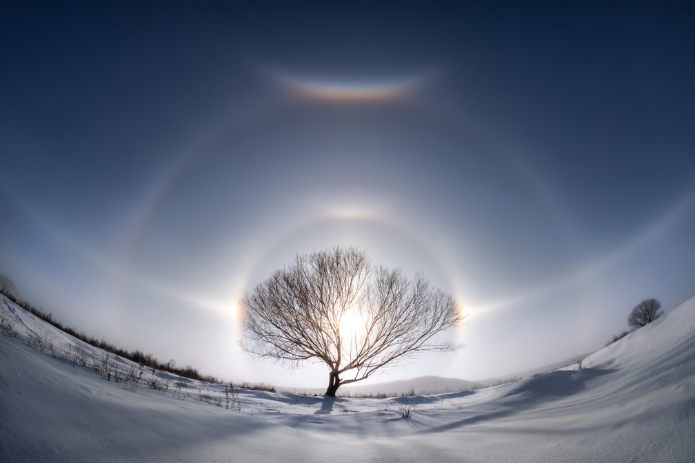 O registro do fotógrafo chinês Shengyu Li em Genhe, um dos locais mais frios do país, mostra halos solares. Um halo solar é um anel de luz ao redor do sol. No ar frio, vapor de água congela diretamente em pequenas partículas para formar os cristais de gelo que refratam a luz do sol. — Foto: Shengyu Li