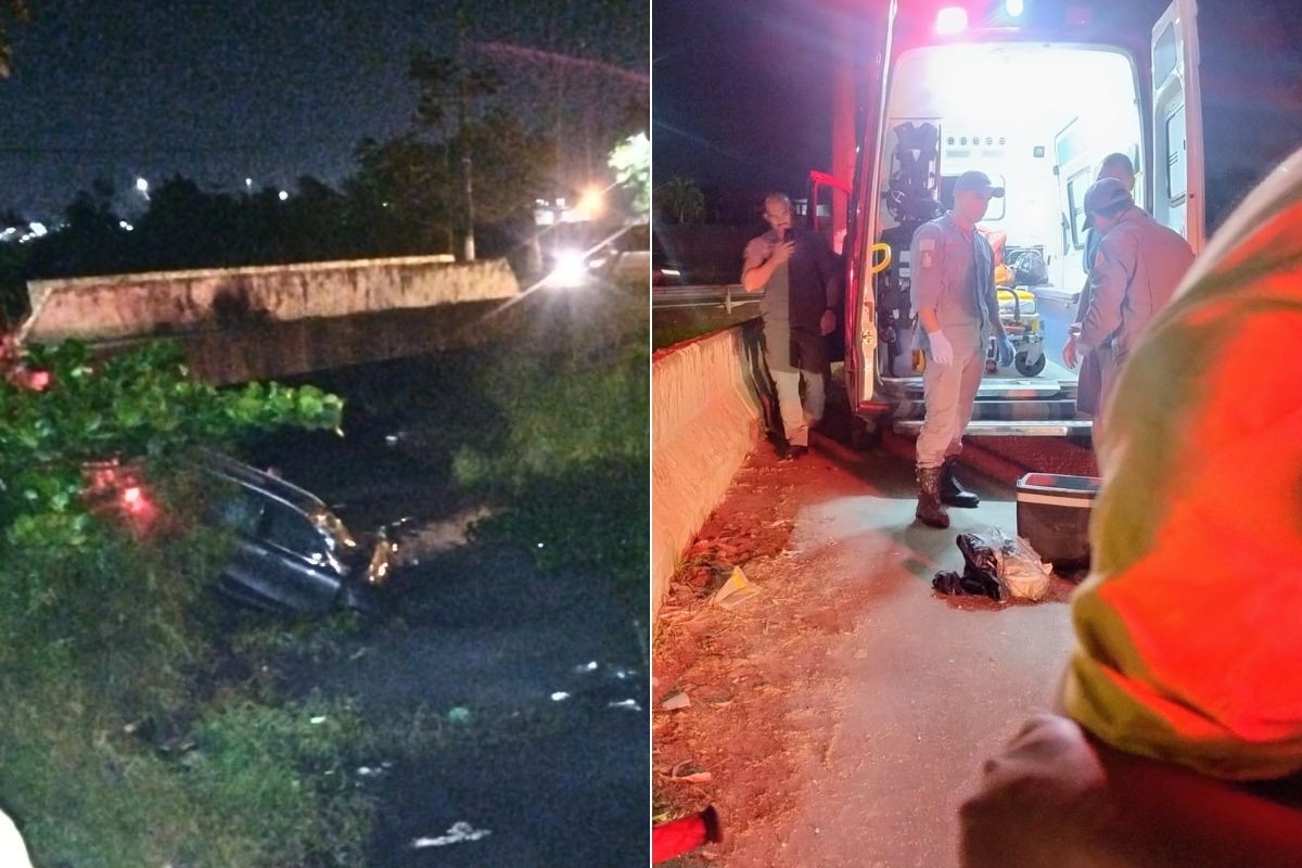 Carro cai em canal e mobiliza bombeiros no litoral de SP; motorista sai ileso