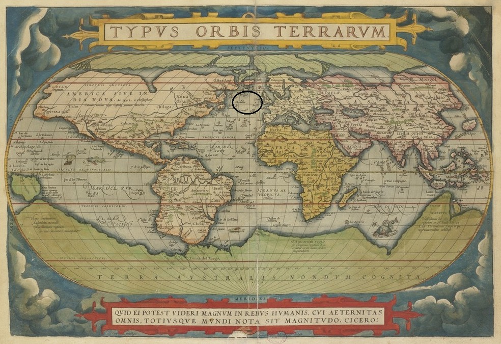 Typus Orbis Terrarum, Abraão Ortelius, do atlas Theatrum Orbus Terrarum — Foto: Biblioteca do Congresso dos Estados Unidos