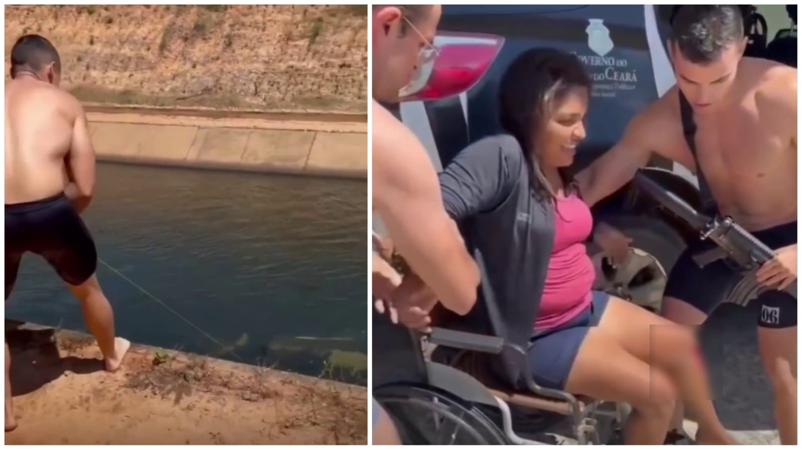 Vídeo: Mulher cai com moto em canal e é resgatada por policiais militares no interior do Ceará
