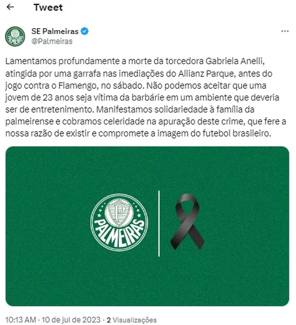 Palmeiras e jogadores prestam condolências à torcedora morta em briga