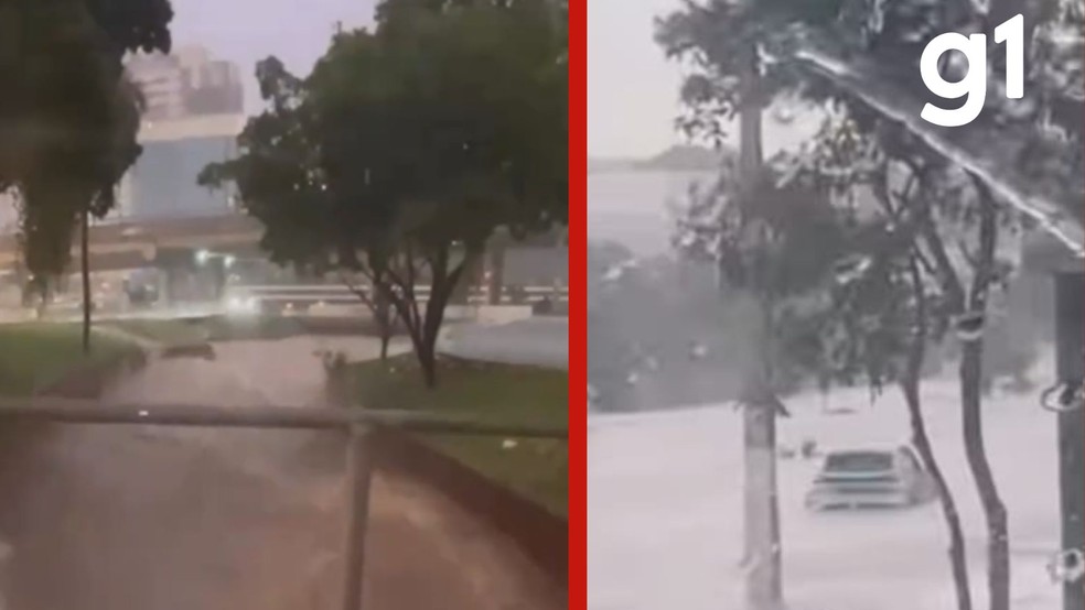 Córrego do Barbado transborda e deixa carro submerso em avenida de Cuiabá — Foto: Reprodução