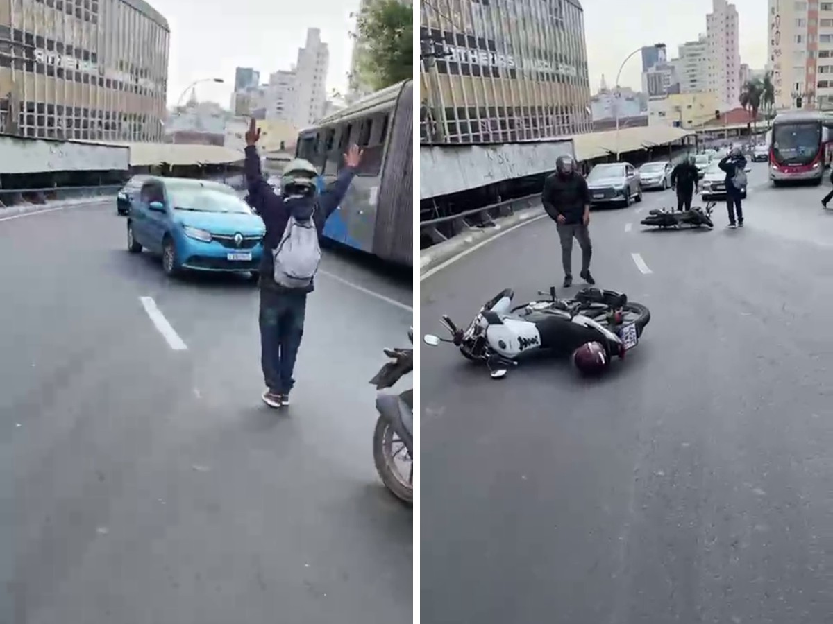 VÍDEO: motociclistas derrapam no Viaduto Cury após ônibus derramar óleo em Campinas