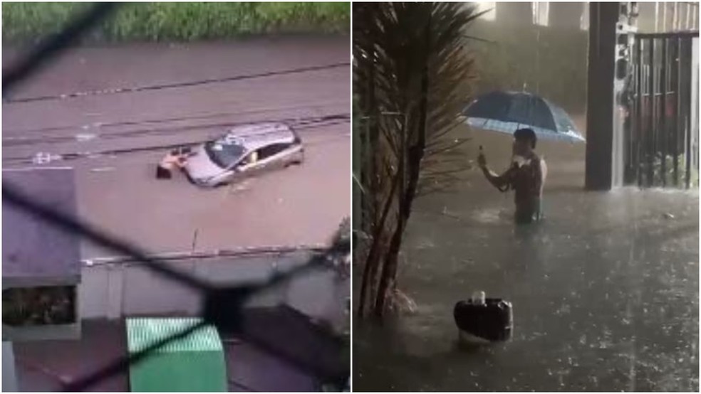 Rua Farias Lima, no Bairro Messejana, ficou com veículos boiando na via durante chuva forte em Fortaleza. — Foto: Bruna Oliveira/ Arquivo pessoal