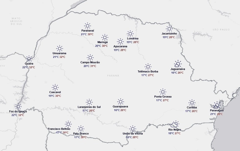 Previsão do tempo do Simepar para sábado (14) — Foto: Reprodução/Simepar