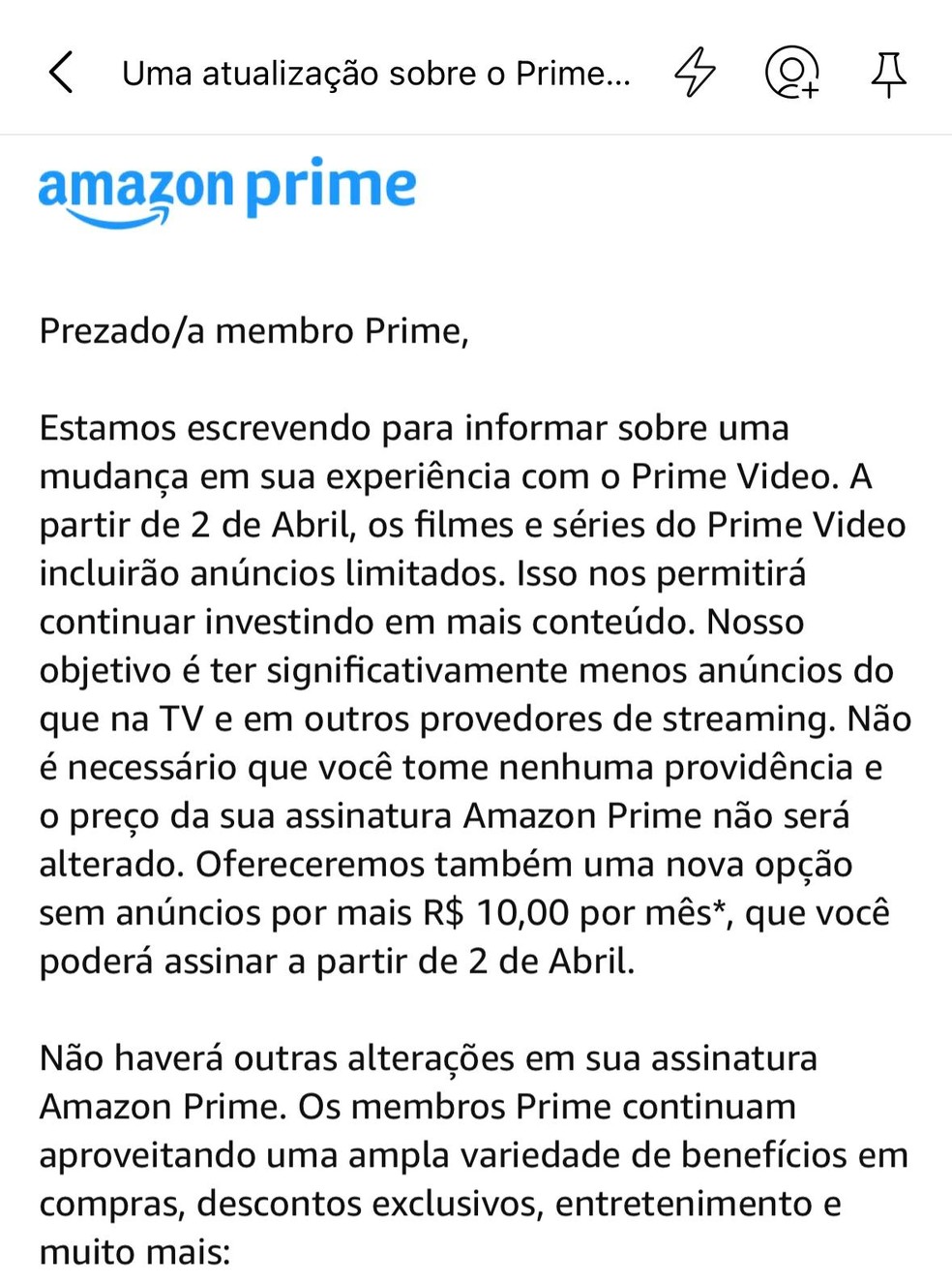 E-mail da Amazon enviado ao assinantes do Prime Video no Brasil — Foto: Reprodução
