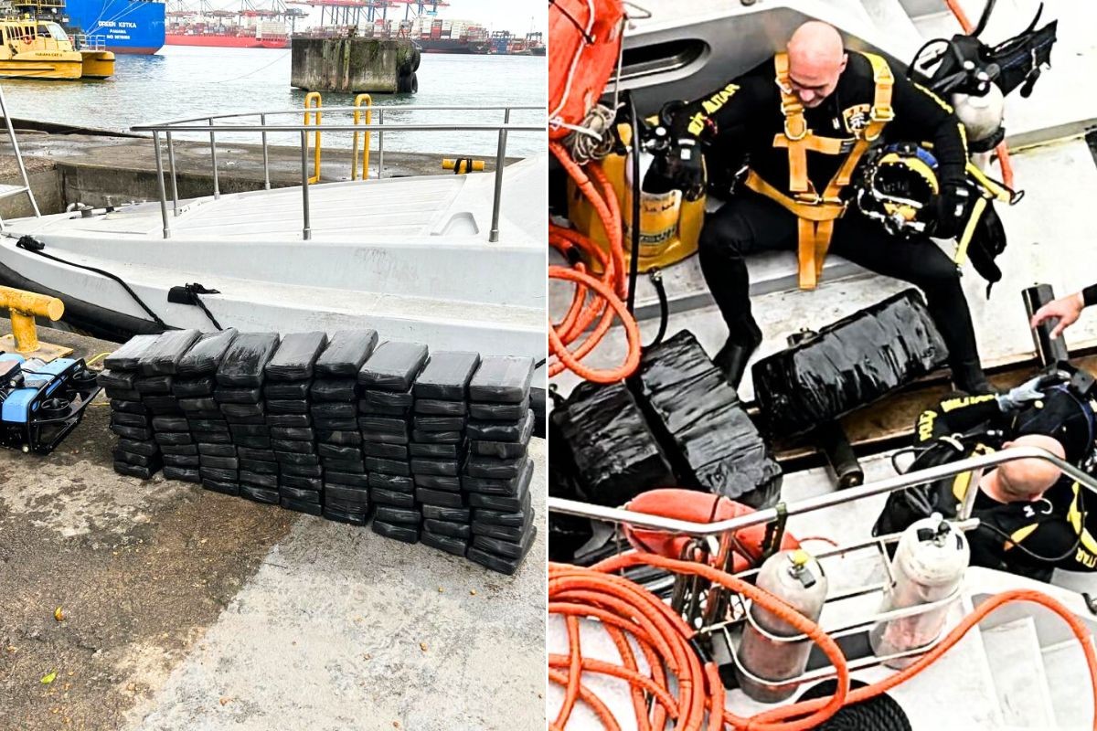 Mergulhadores encontram 114 kg de pasta base de cocaína em casco de navio no Porto de Santos, SP