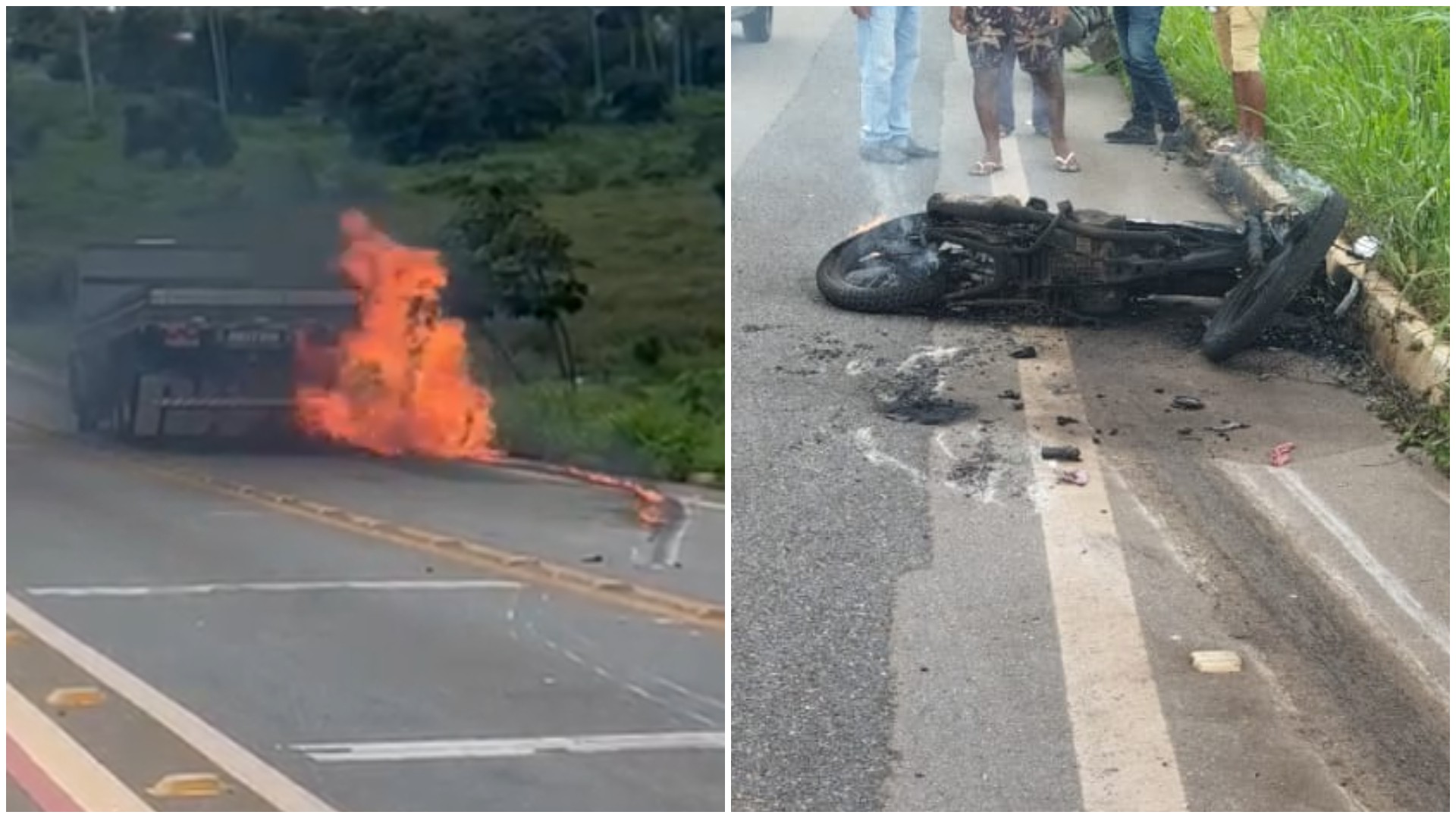 Vídeo: Moto pega fogo após colisão com caminhão no Interior do Ceará