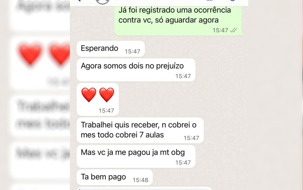 Mensagem enviada por homem a ex-aluna em Goiânia, Goiás — Foto: Arquivo Pessoal