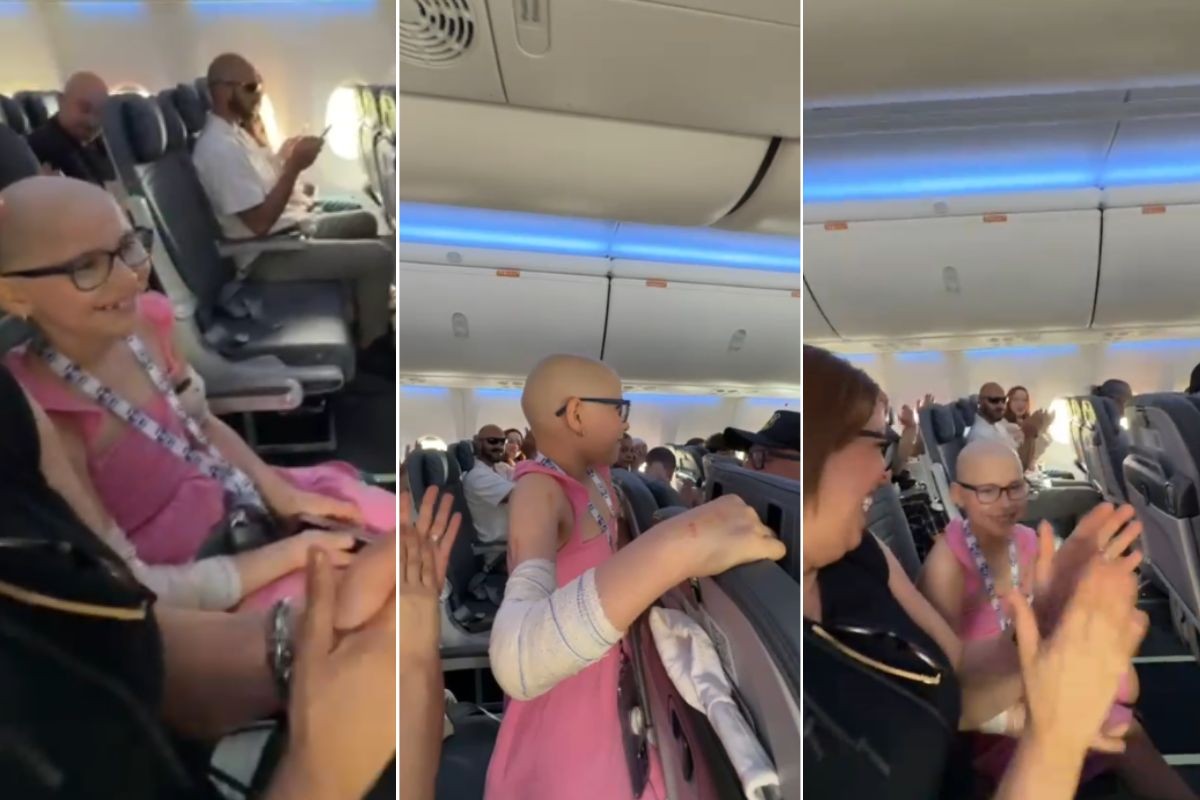 Menina de 8 anos vence câncer raro e família comemora em voo; VÍDEO