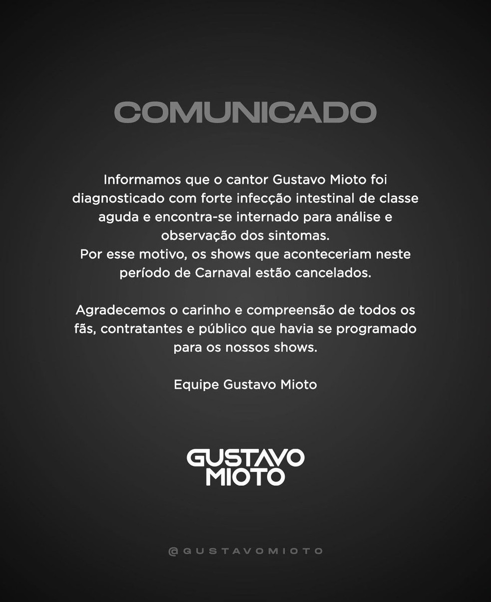Comunicado sobre estado de sa&uacute;de de Gustavo Mioto &mdash; Foto: Reprodu&ccedil;&atilde;o/Instagram