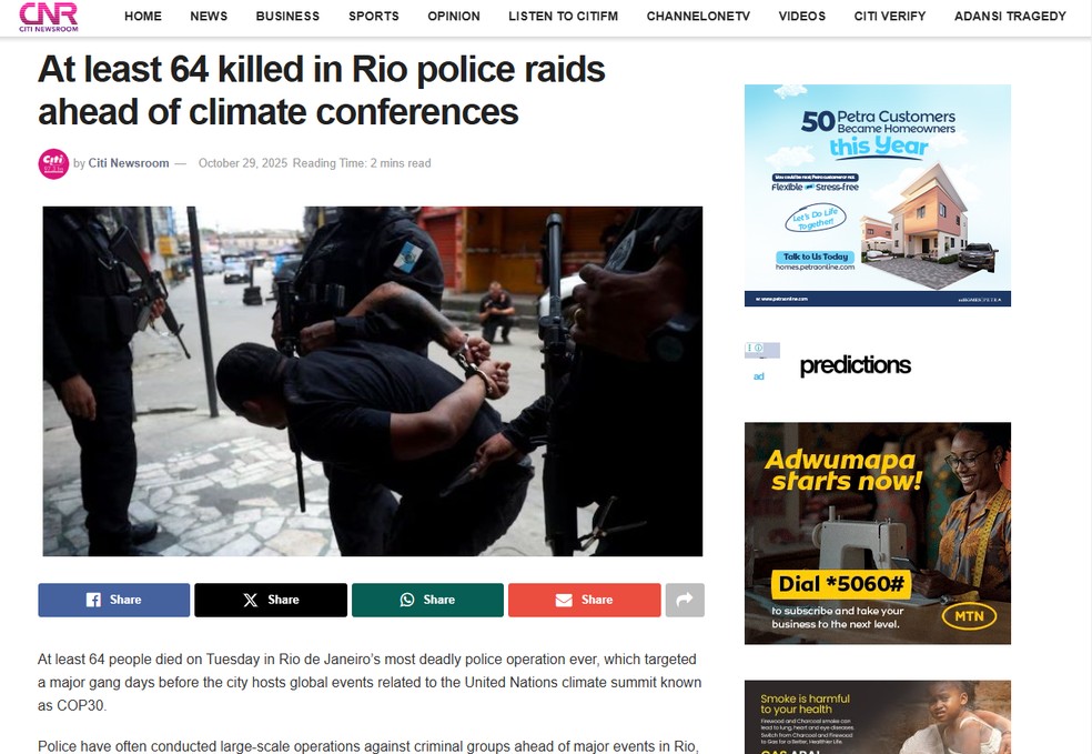Reprodução de matéria do jornal Citi Newsroom, de Gana, sobre a megaoperação contra o Comando Vermelho no Rio de Janeiro em 29 de outubro de 2025. — Foto: Reprodução