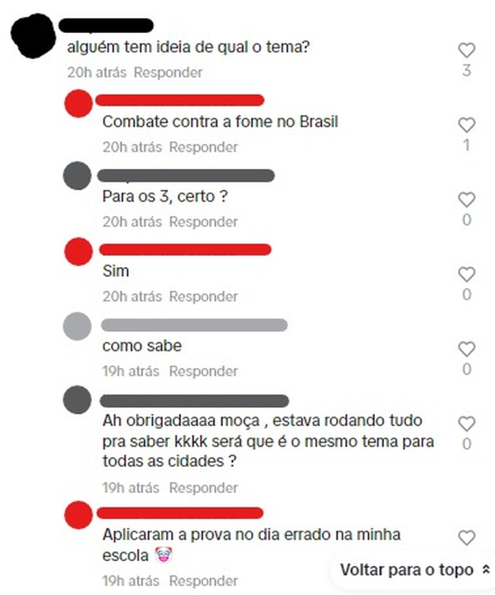 Comentários no TikTok sobre vazamento de tema da redação do Provão Paulista — Foto: Reprodução