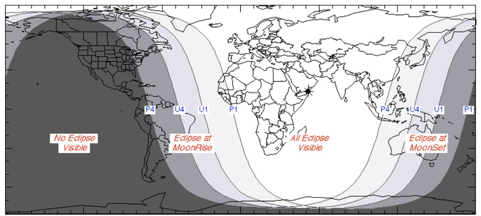 Visibilidade do eclipse lunar parcial deste sábado (28). — Foto: NASA