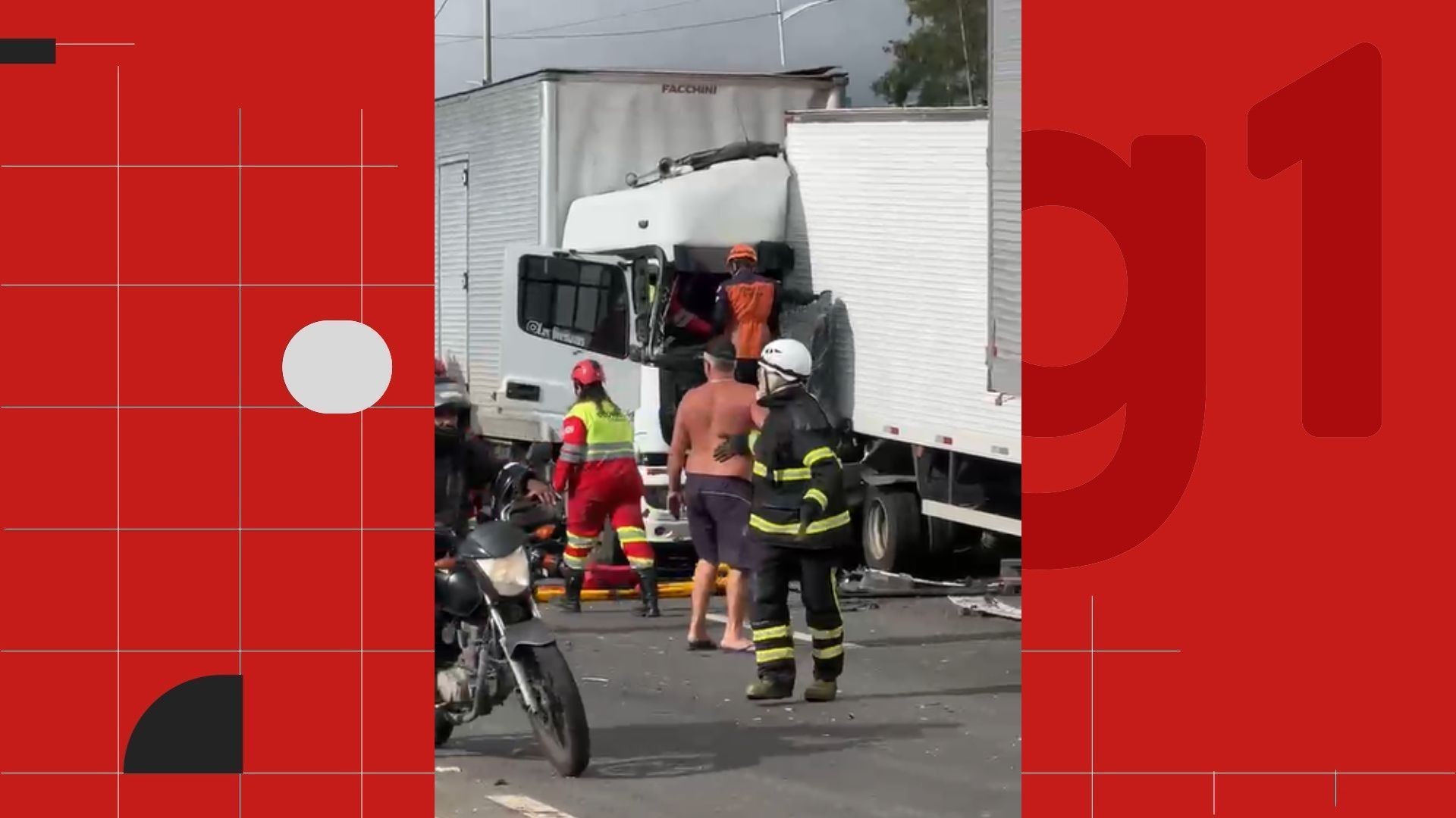 Batida entre caminhões deixa um ferido e cabine destruída na Rodovia do Contorno, na BR-101, em Cariacica