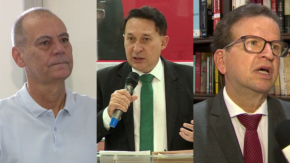 Da esquerda para a direita, o candidato Milton Carlos de Mello 'Tupã'; o juiz da 101ª Zona Eleitoral, Fábio Mendes Ferreira; e o promotor eleitoral Mário Coimbra — Foto: Arquivo/TV Fronteira
