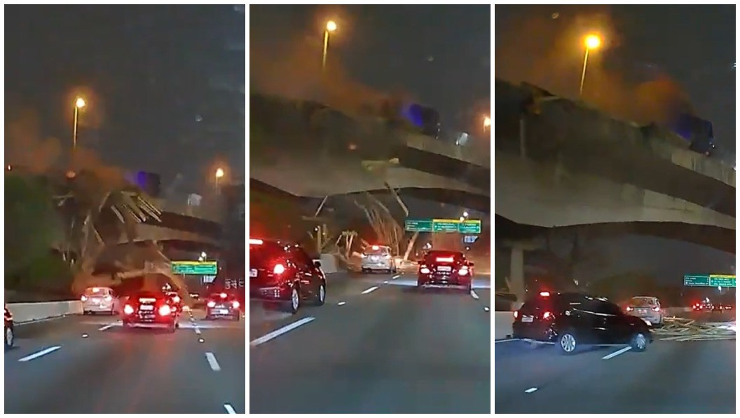 VÍDEO: Motorista flagra momento que caminhão bate em viaduto e carga cai sobre carros na Marginal Tietê