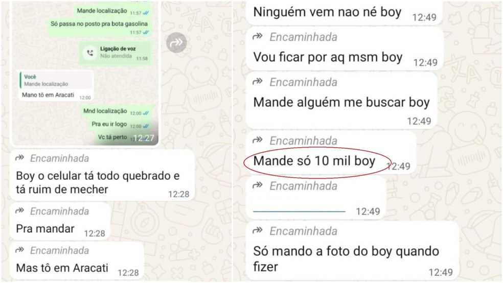 Amigo de jovem desaparecido recebeu mensagem solicitando Pix de R$ 10 mil para provar que a vítima está viva. — Foto: Reprodução