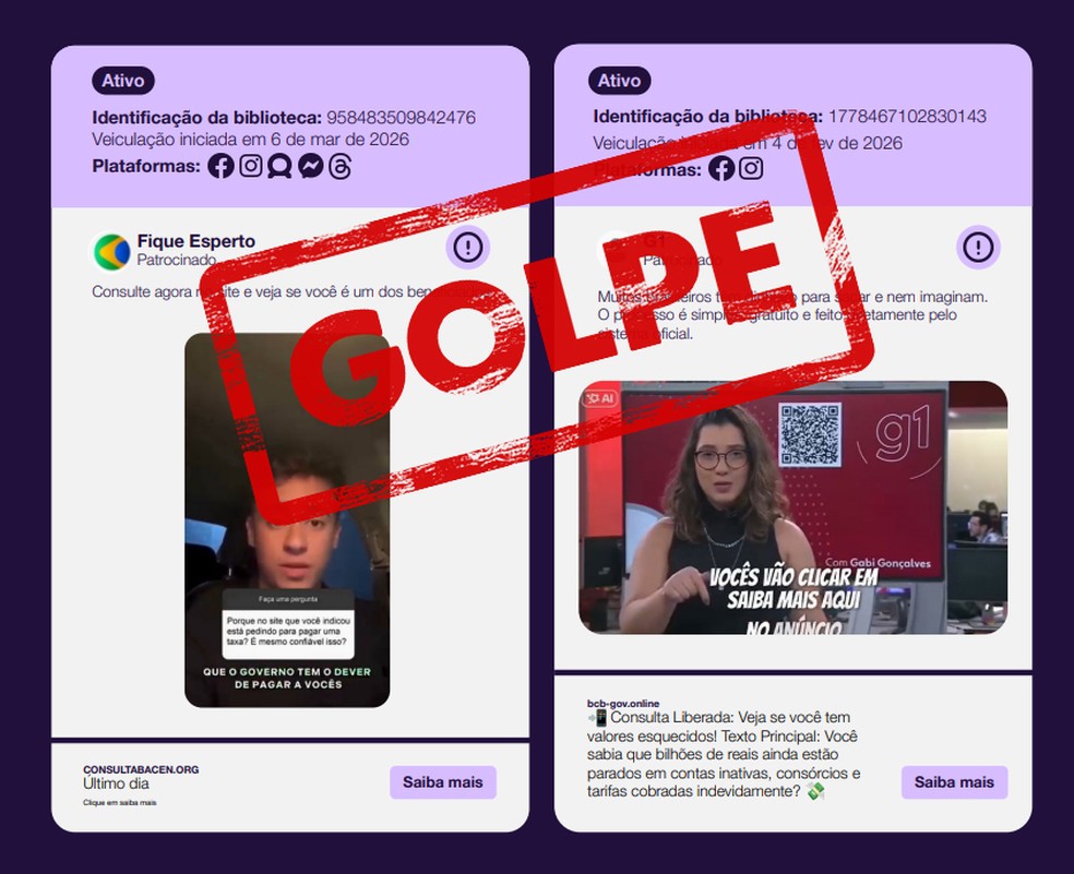 Anúncios fraudulentos usavam uma deepfake do deputado Nikolas Ferreira e uma página falsa com o nome e a identidade visual do g1 para divulgar supostos valores a receber — Foto: Reprodução/NetLab-UFRJ; Arte/g1