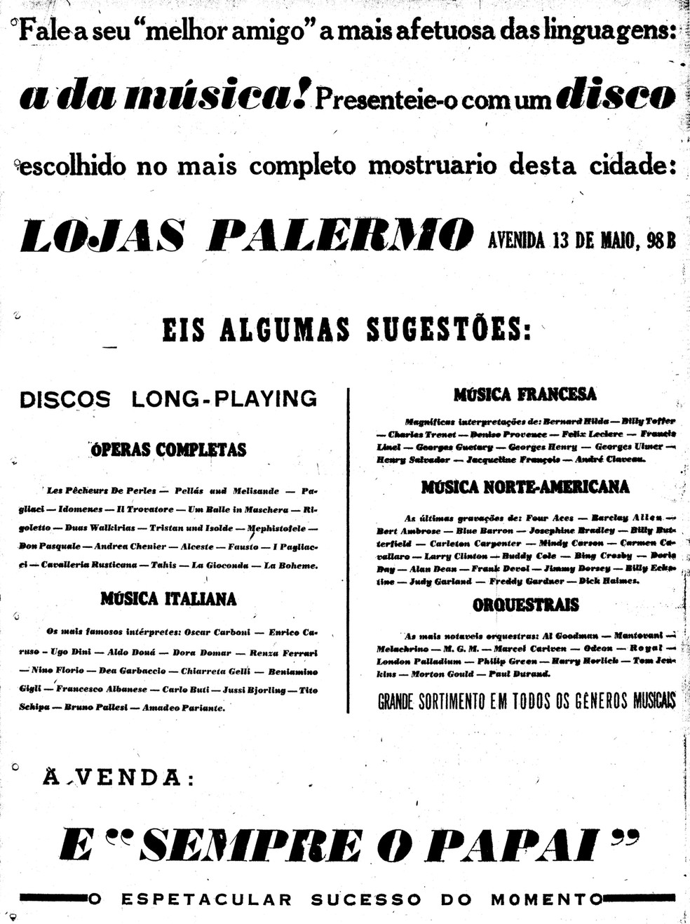 Anúncio de discos populares para presentear os pais em 1953 — Foto: Arquivo O Globo