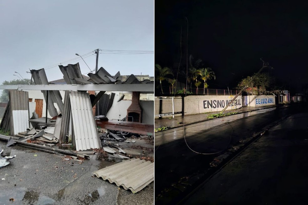Sede da Ong Remo destruída em São Vicente e posto que caiu em frente a uma escola em Peruíbe. — Foto: g1 Santos