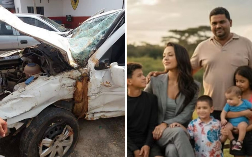 Carro da mulher envolvido no acidente de 2018 e família que morreu no acidente em Campinorte, Goiás — Foto: Arquivo/Rauny Marcelino e Reprodução/TV Anhanguera