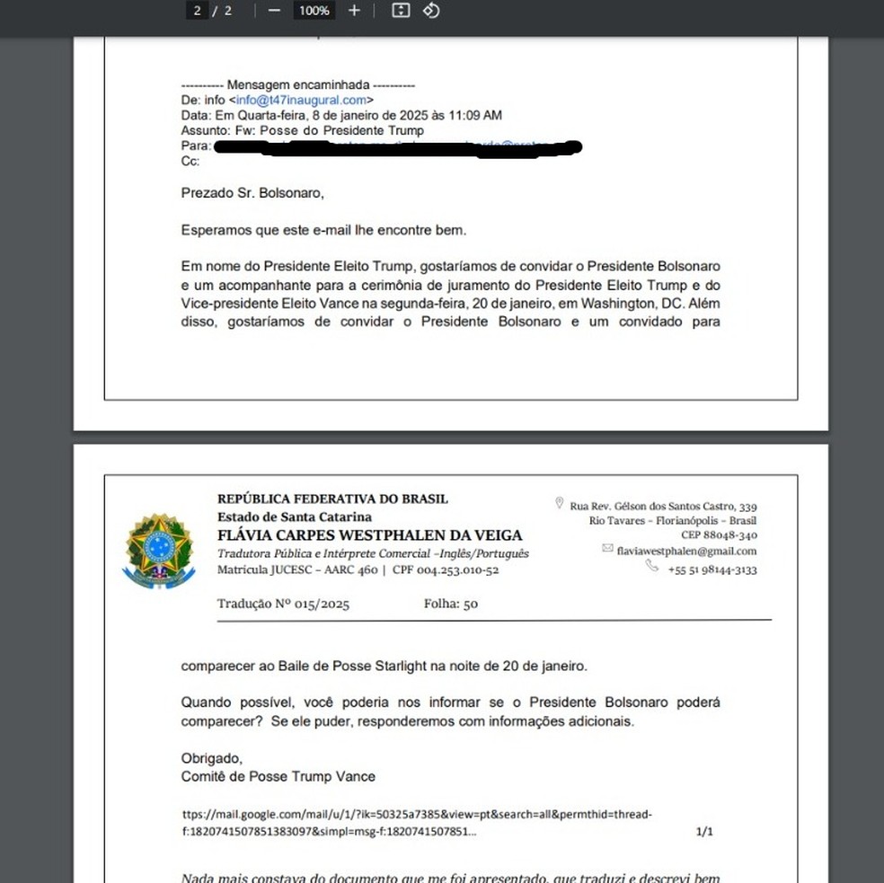 E-mail apresentado pela defesa de Bolsonaro ao ministro Alexandre de Moraes — Foto: Reprodução