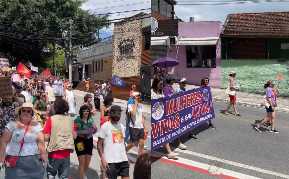 Ato em Florianópolis celebra o Dia Internacional da Mulher e pede fim a violência — Foto: Sinte/SJ