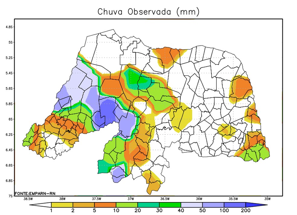 Mapa mostra volume de chuva em cidades do Rio Grande do Norte entre a manhã de domingo (19) e a manhã desta segunda (20). — Foto: Emparn/Reprodução