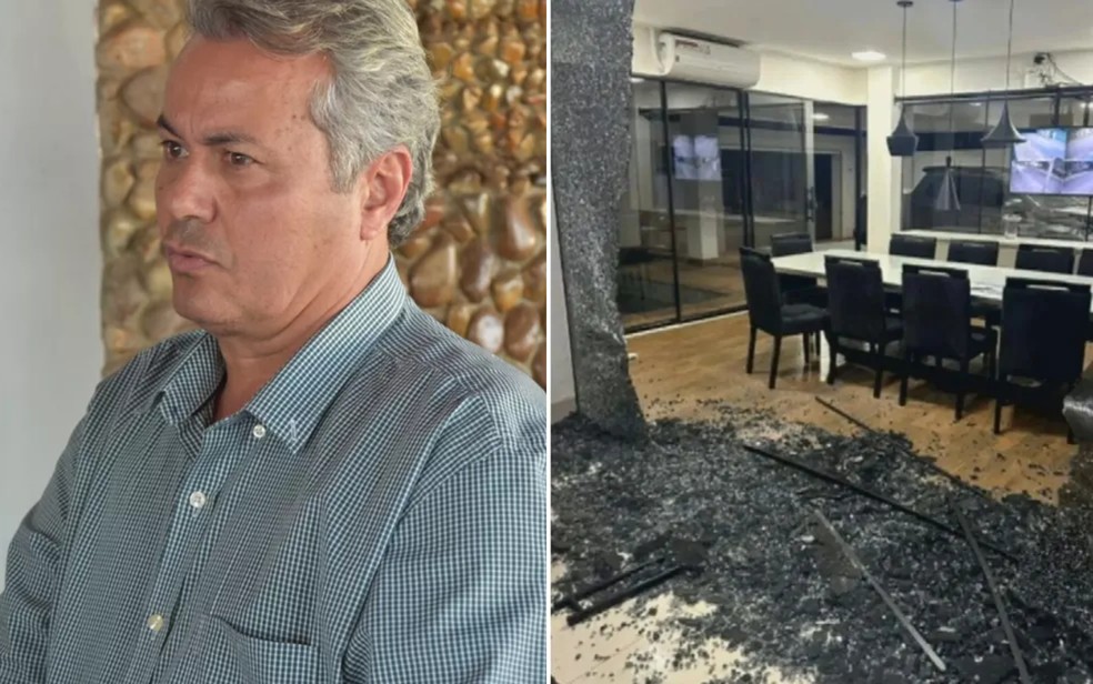 Prefeito de Iporá Naçoitan Leite (lado esquerdo) e casa que ele teria invadido e feito cerca de 15 disparos (lado direito) em Iporá, Goiás — Foto: Reprodução/Polícia Civil e Murillo Velasco