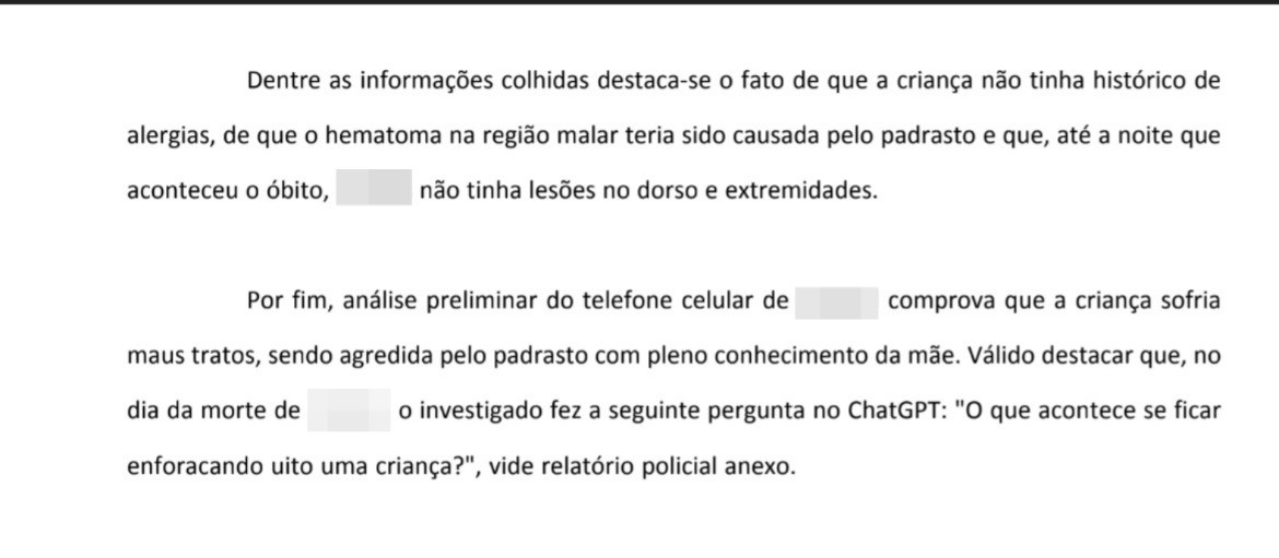 Padrasto indiciado por matar menino em SC perguntou à IA: 'O que acontece se ficar enforcando muito uma criança'
