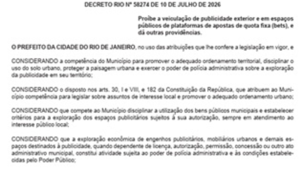 Rio proíbe publicidade de plataformas de apostas em espaços públicos