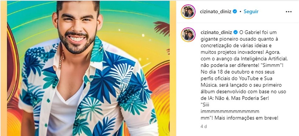 Pai de Gabriel Diniz anuncia lançamento de novo álbum do artista utilizando inteligência artificial. — Foto: Reprodução/Instagram