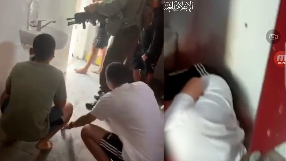 Rapaz em vídeo se protegendo de ataques e, depois, assassinado pelo Hamas — Foto: Reprodução