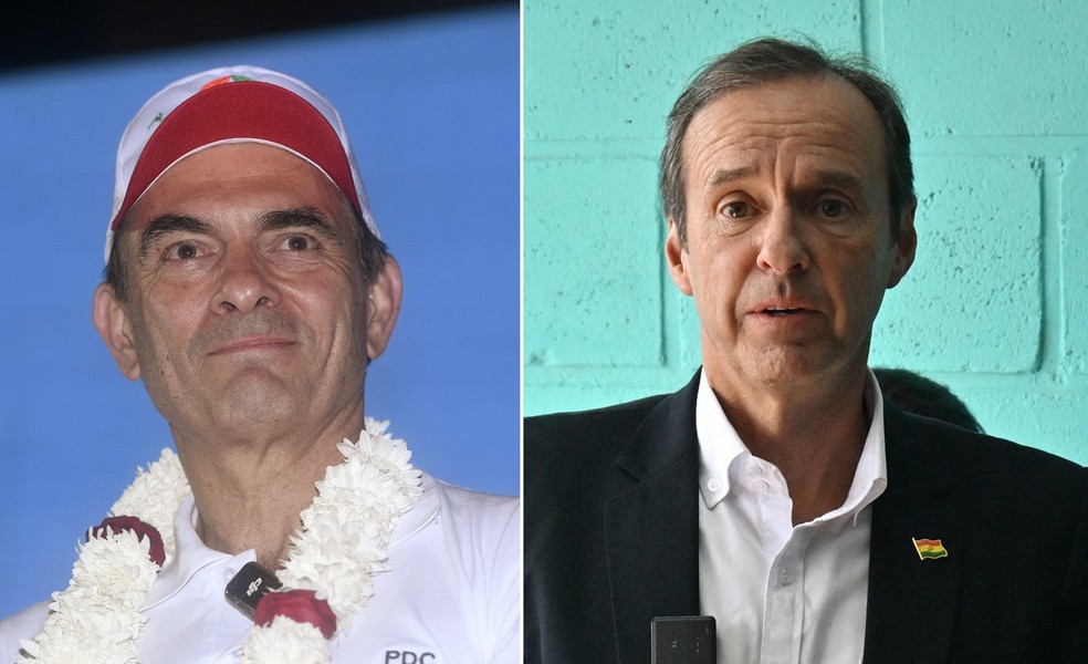 Rodrigo Paz e Jorge 'Tuto' Quiroga devem disputar o segundo turno das eleições presidenciais na Bolívia. — Foto: AFP