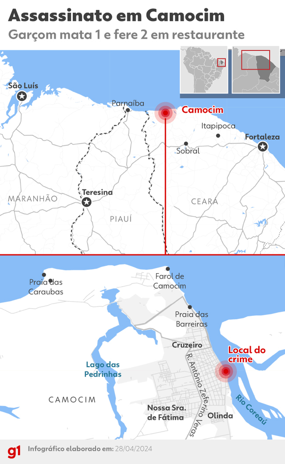 Mapa mostra onde fica restaurante no qual vereador foi morto, em Camocim — Foto: Editoria de arte/g1