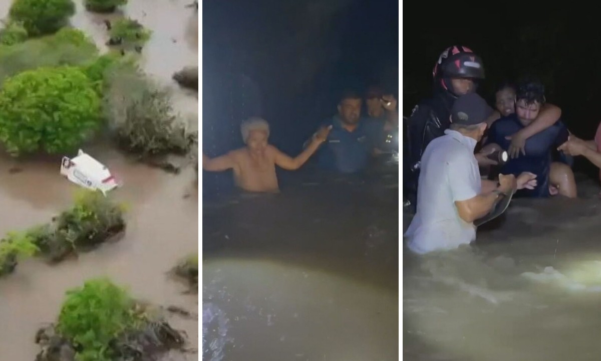 VÍDEO: ocupantes de ambulância arrastada por enxurrada são resgatados com cordão humano na Bahia