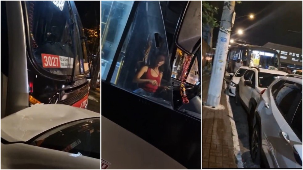 Mulher tenta roubar micro ônibus em Guaianases, na Grande SP, bate contra veículos estacionados e é presa. — Foto: Reprodução