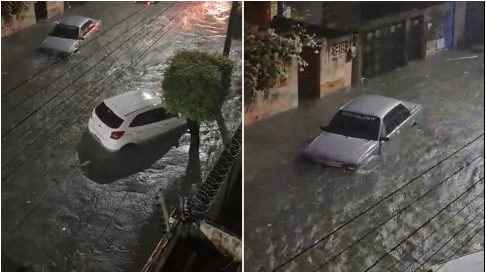 Carros boiam em rua alagada durante fortes chuvas em Fortaleza; vídeo