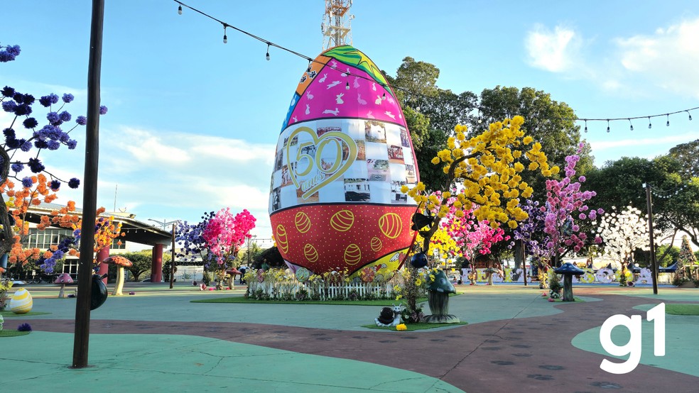 Com quase 10 metros de altura, o ovo é revestido por um tecido sublimado com desenhos. — Foto: Erik Rodrigo