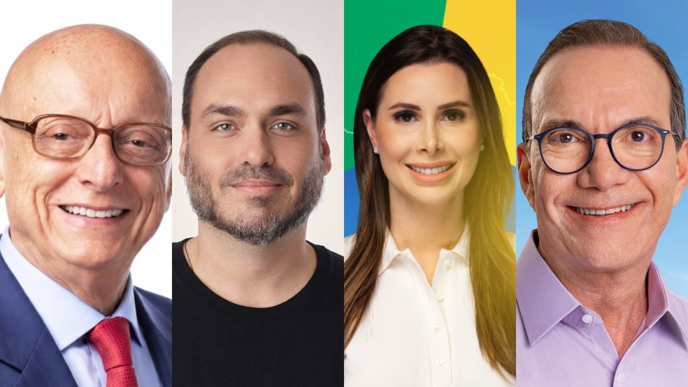 Candidatos ao Senado por SC: Esperidião Amin, Carlos Bolsonaro, Carol de Toni e Décio Lima estão liderando as intenções de v — Foto: Montagem/Reprodução/Redes sociais