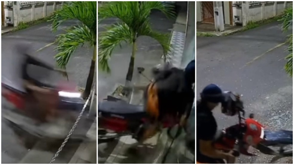 Motociclista se chocou contra porta de vidro, que ficou destruída, e foi embora — Foto: Reprodução