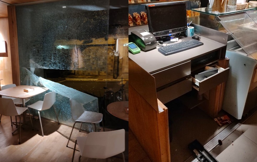 Suspeito quebrou porta de vidro e revirou caixa de confeitaria em Bauru que estava vazio — Foto: Arquivo pessoal