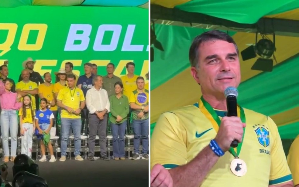 Flávio Bolsonaro lança ao lado de Valdemar Costa Neto pré-candidaturas do PL em Goiás — Foto: Reprodução/Instagram Flávio Bolsonaro