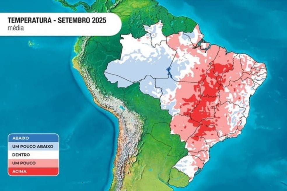 Tons de vermelho indicam temperatura acima da média e azul temperatura abaixo da média. — Foto: Climatempo